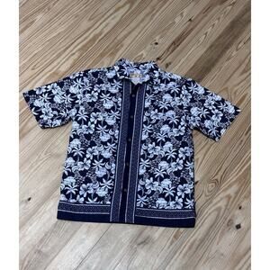 Caribbean Joe Black & White Floral Button-Up Beach Shirt Youth Boys Size L 16/18